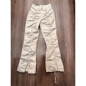MANIEREDEVOIR Ruched Flare Pants Beige Faux Leather Drawstring Festival
